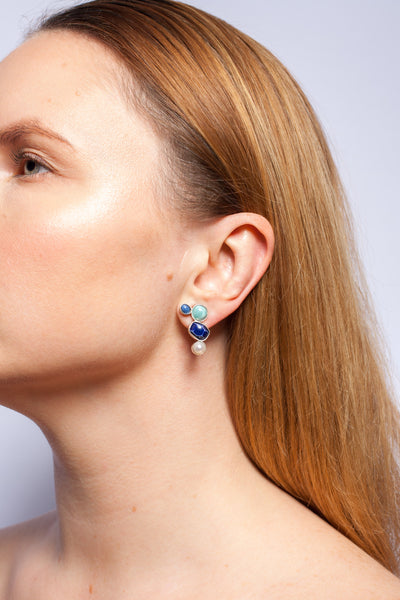 Bright blue color silver earrings with a freshwater pearl