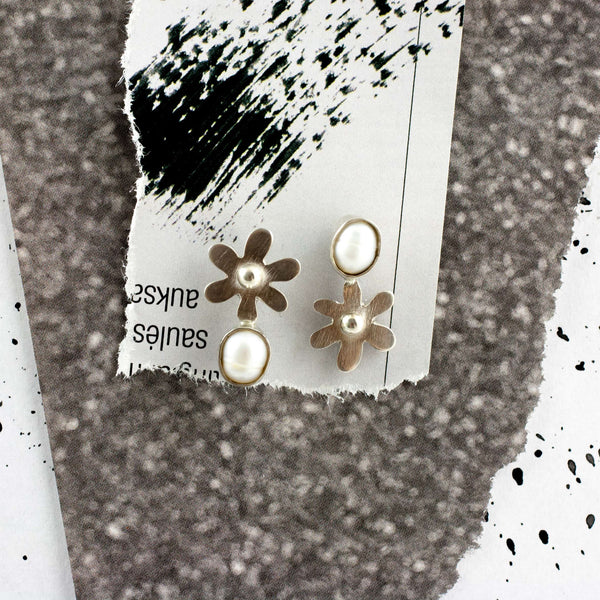 Asymmetrical floral silver stud earrings with freshwater pearls