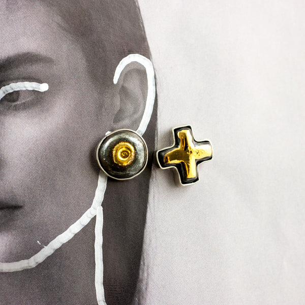 Black mismatched ceramic earrings ABSTRACT with gold luster
