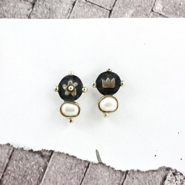 Oxidised silver stud earrings with white freshwater pearls