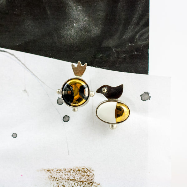 Oxidised silver stud earrings with gold-plated ceramics