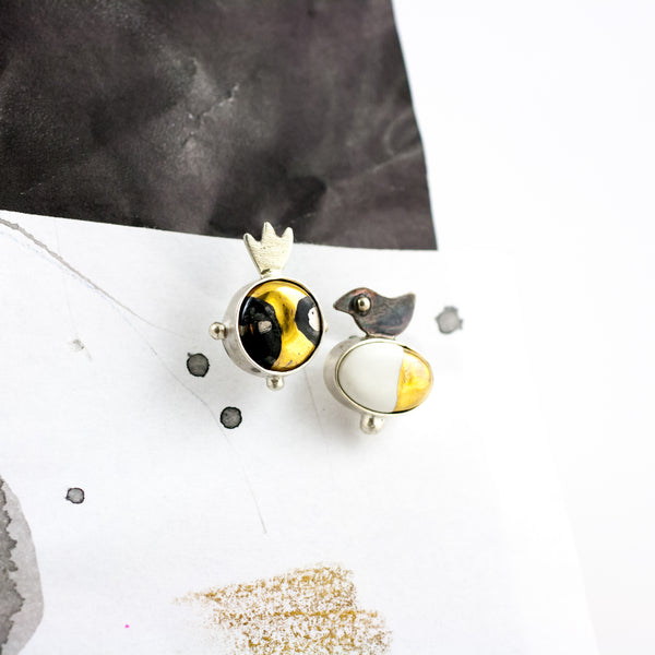Oxidised silver stud earrings with gold-plated ceramics