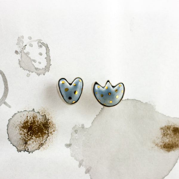 Grey asymmetrical flower and heart silver stud earrings