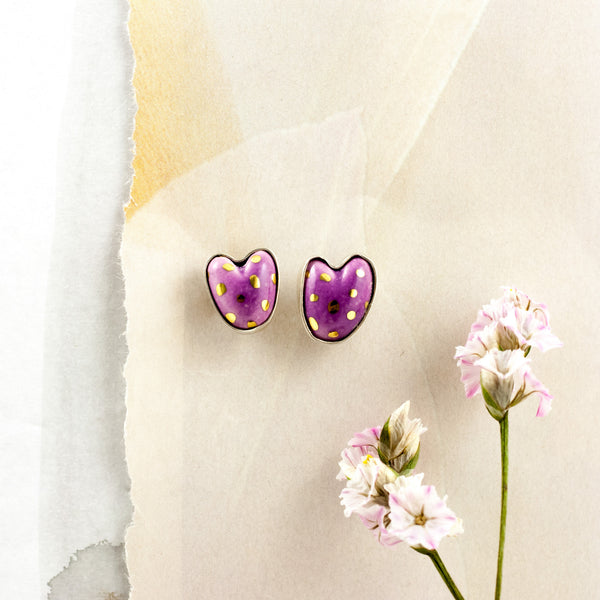 Purple silver earrings with ceramic hearts