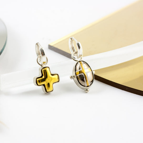Ceramic mismatched dangle earrings with platinum and gold lusters