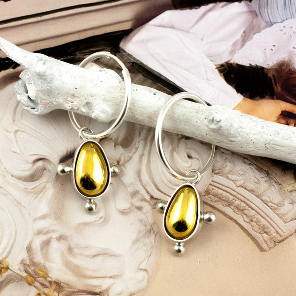 Round silver earrings DROPS with gold luster