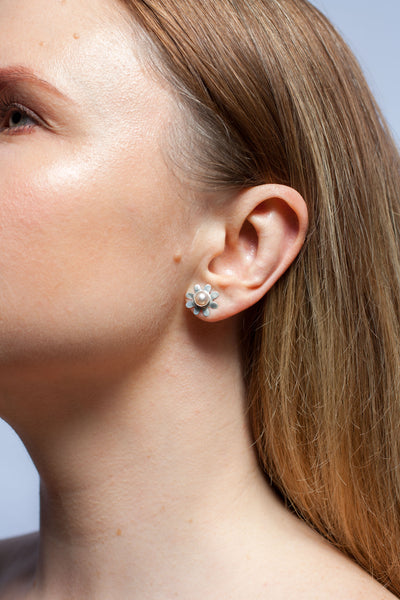 Floral silver stud earrings with pink freshwater pearls