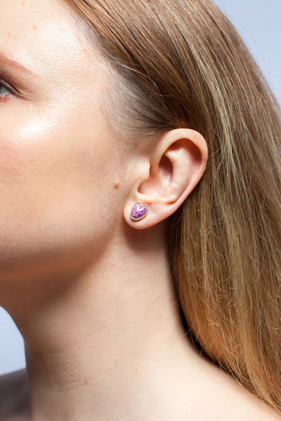 Purple silver earrings with ceramic hearts