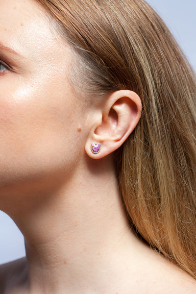 Purple silver earrings with ceramic hearts