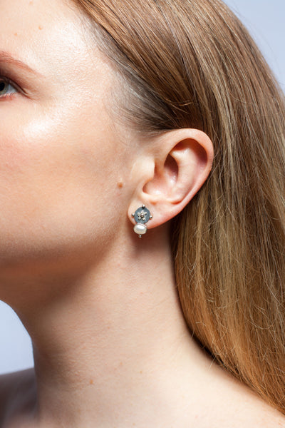 Oxidised silver stud earrings with white freshwater pearls