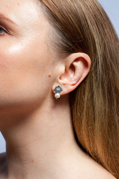 Oxidised silver stud earrings with white freshwater pearls