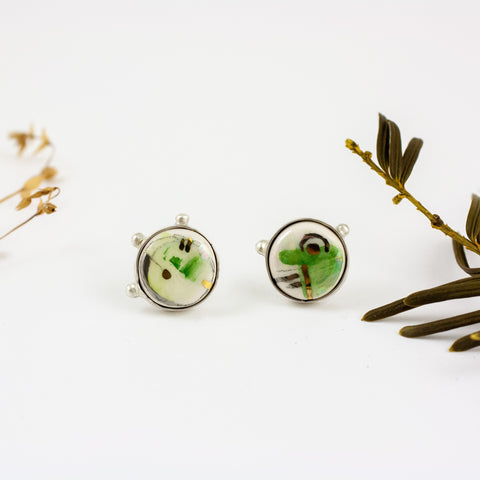 Green and white ABSTRACT silver earrings