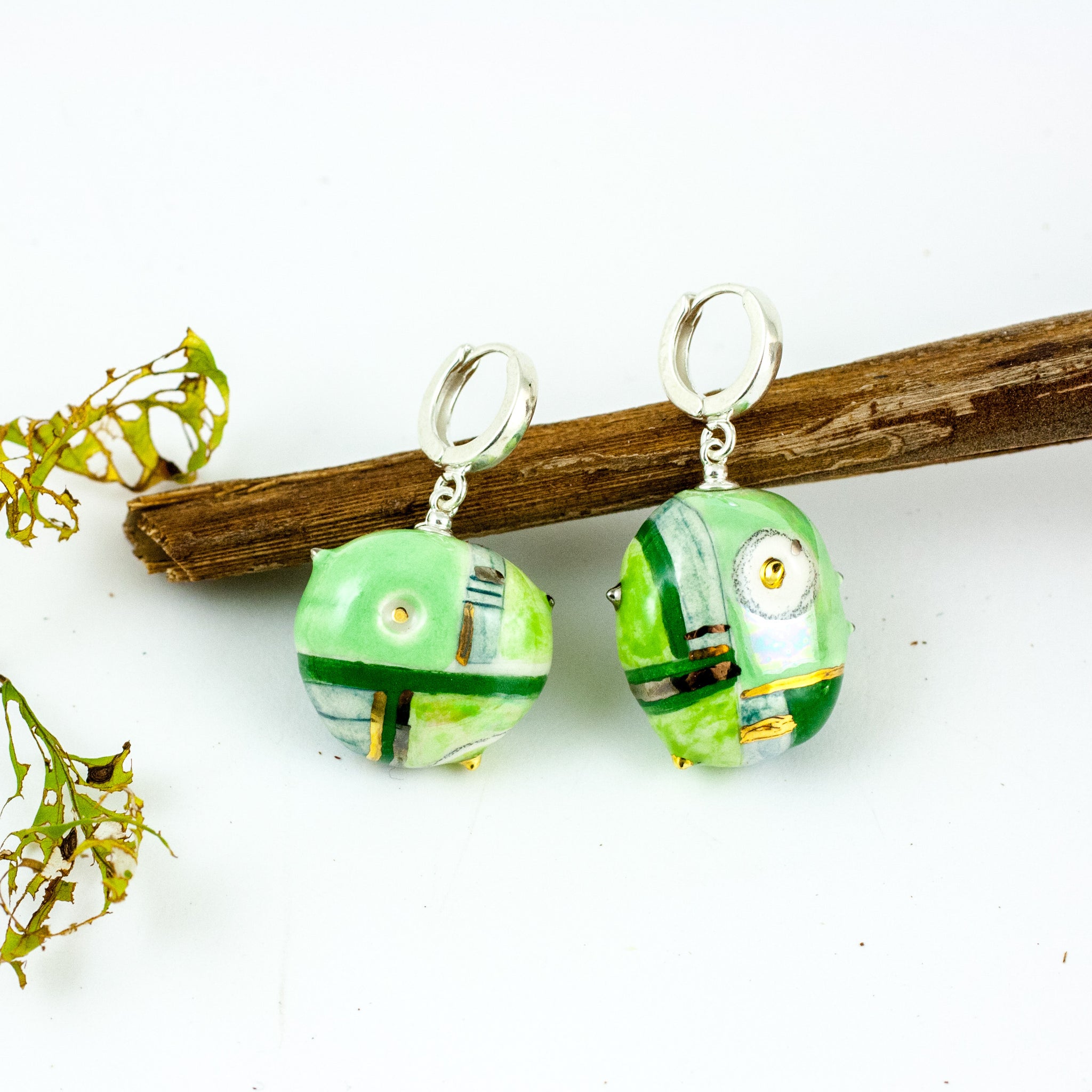 Green and white dangle silver ceramic earrings