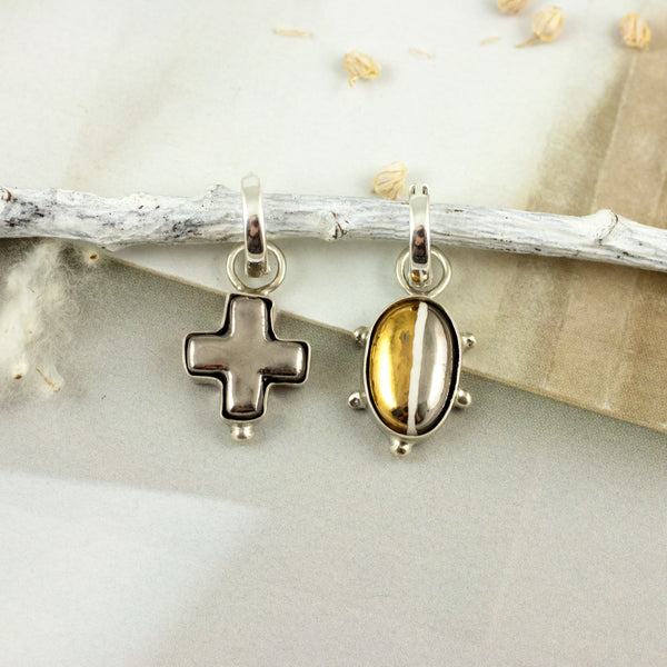 Mismatched dangle earrings with platinum and gold lusters