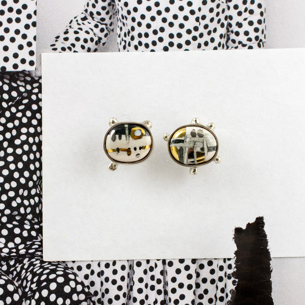 Black and white ABSTRACT earrings with luster decorated ceramics