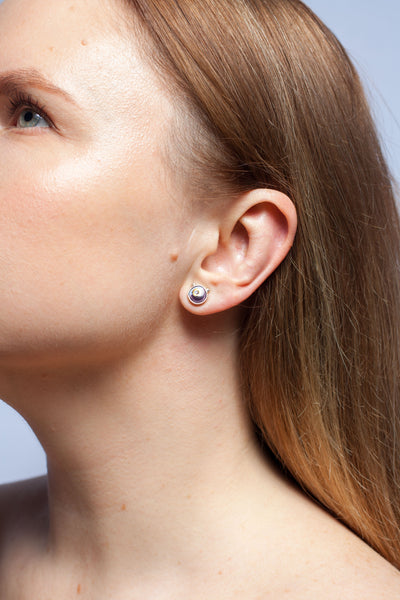 BON BON blue and purple mismatched earrings with a gold flower