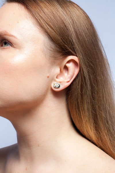 White and black ABSTRACT earrings with fine metal lusters