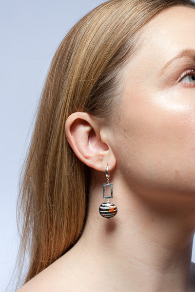 Black and white geometrical dangle silver earrings ABSTRACT