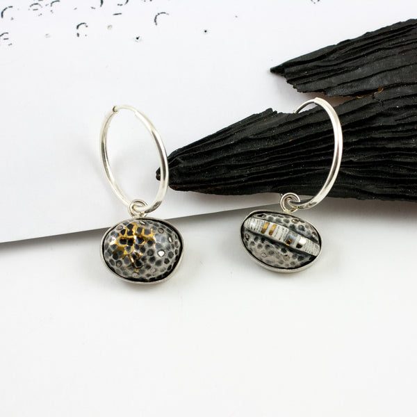 ABSTRACT black color earrings with silver hoops