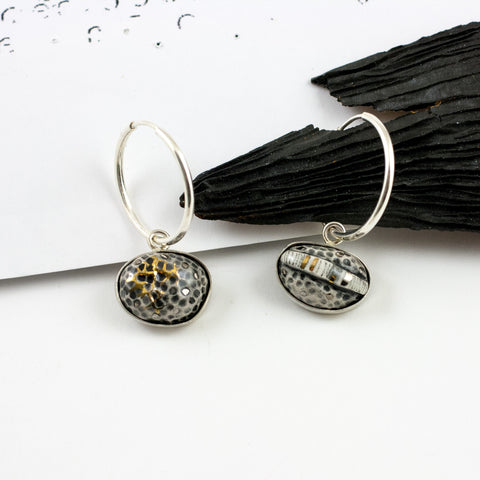 ABSTRACT black color earrings with silver hoops