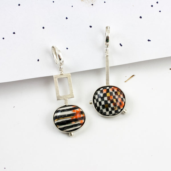 Black and white geometrical dangle silver earrings ABSTRACT