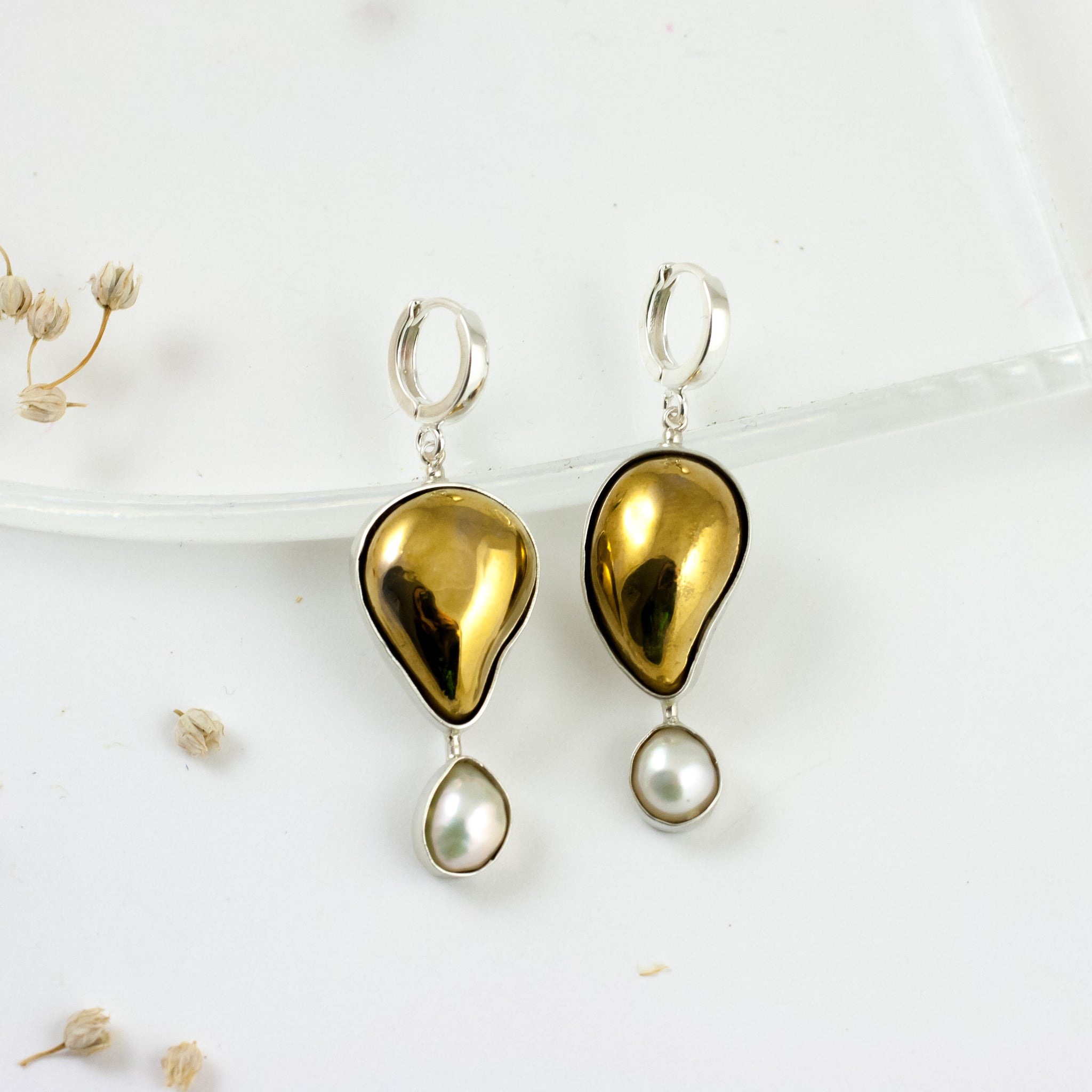 Dangle gold color drop form silver earrings with fresh-water pearls