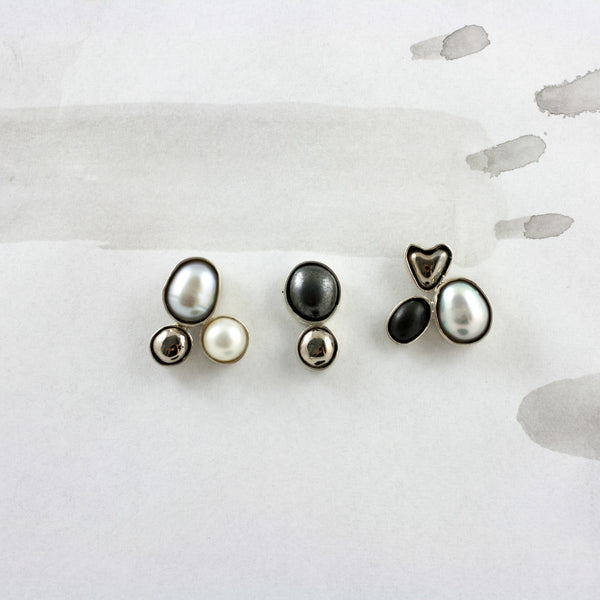 3X3 collection black silver earrings with pearls and platinum decore