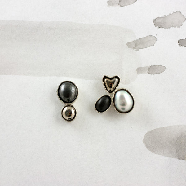 3X3 collection black silver earrings with pearls and platinum decore