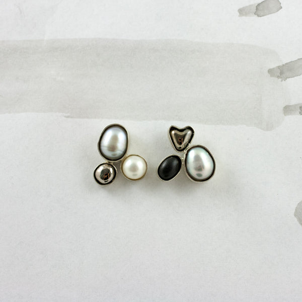 3X3 collection black silver earrings with pearls and platinum decore