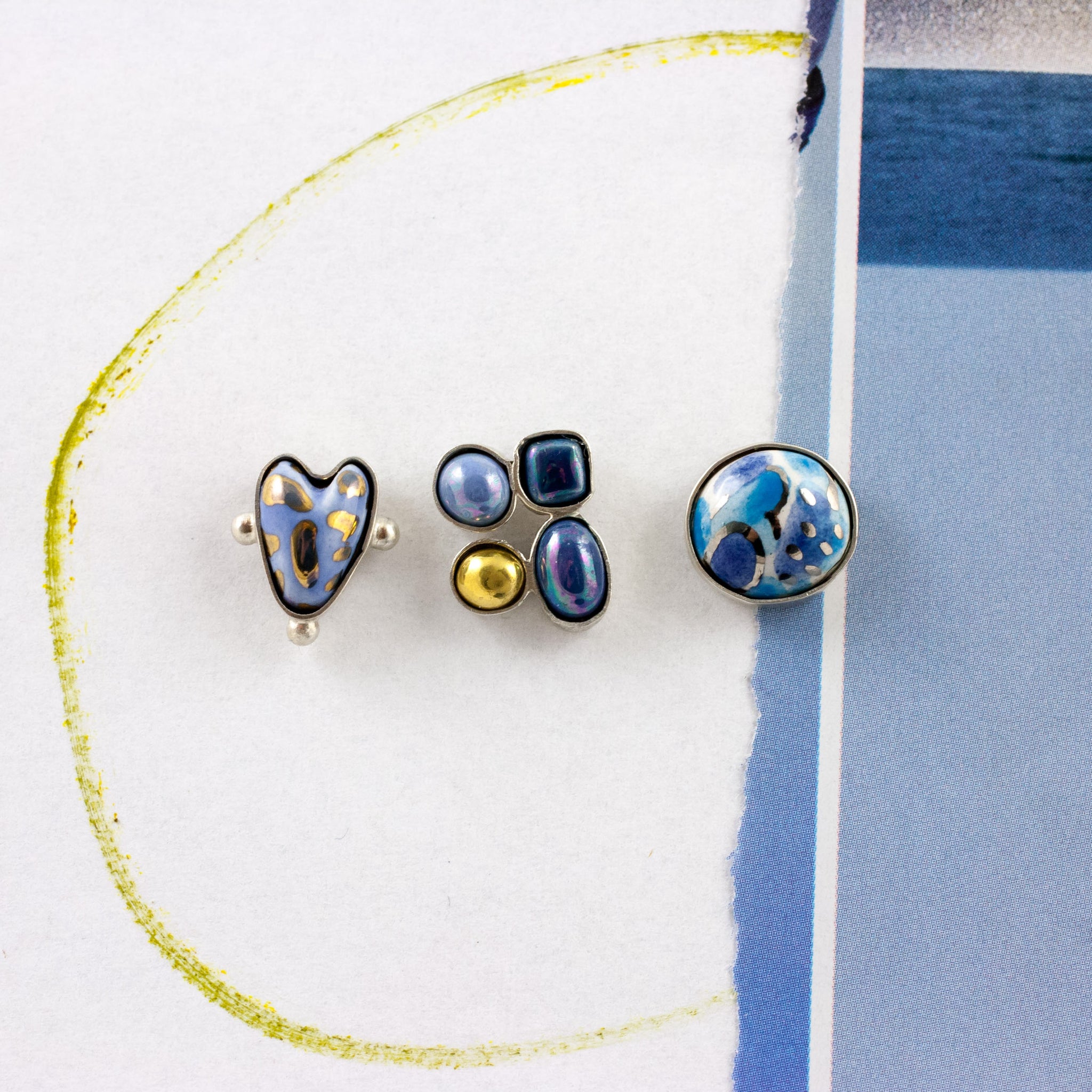 3X3 collection blue asymmetrical silver earrings