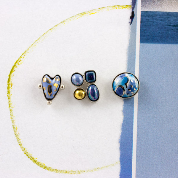 3X3 collection blue asymmetrical silver earrings