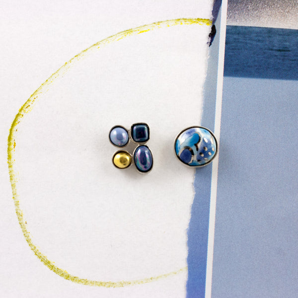 3X3 collection blue asymmetrical silver earrings