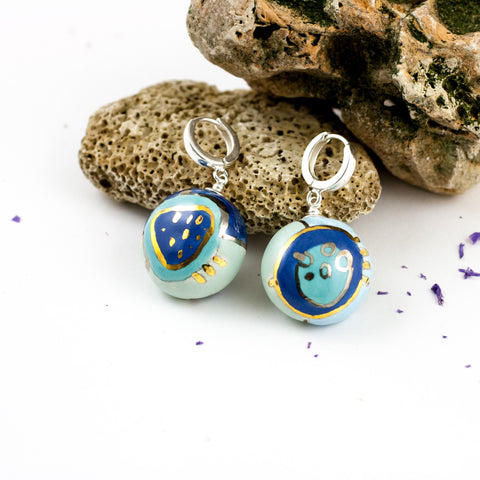 Blue dangle earrings BON BON decorated with lines and dots
