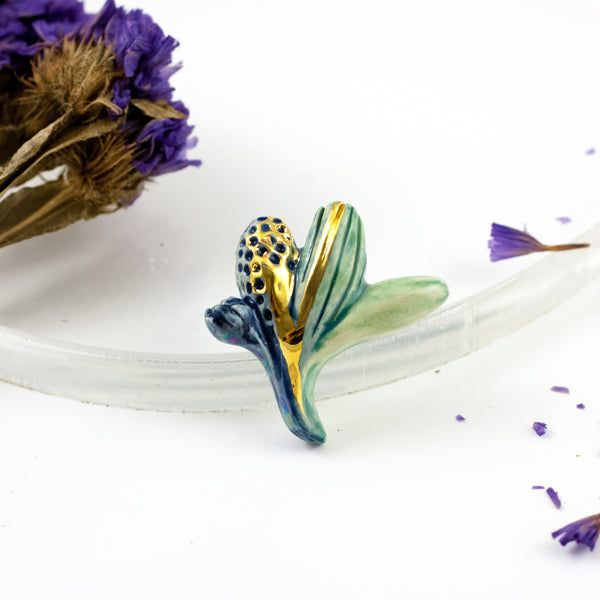 Blue and mint color organic flower bud brooch