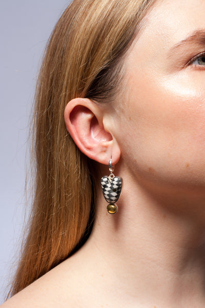 Dangle mismatched checked heart shaped silver earrings