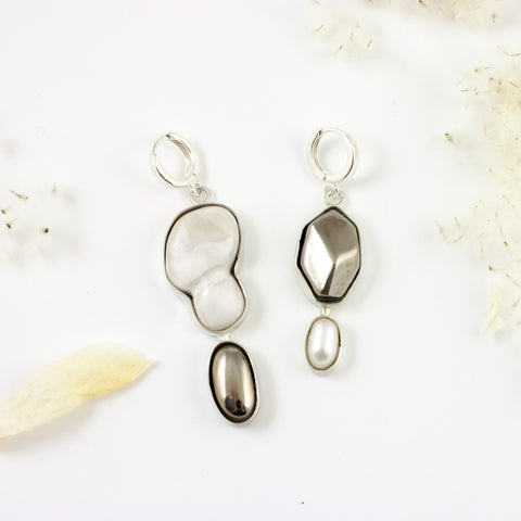 DROPS long mismatched dangle earrings with a freshwater pearl