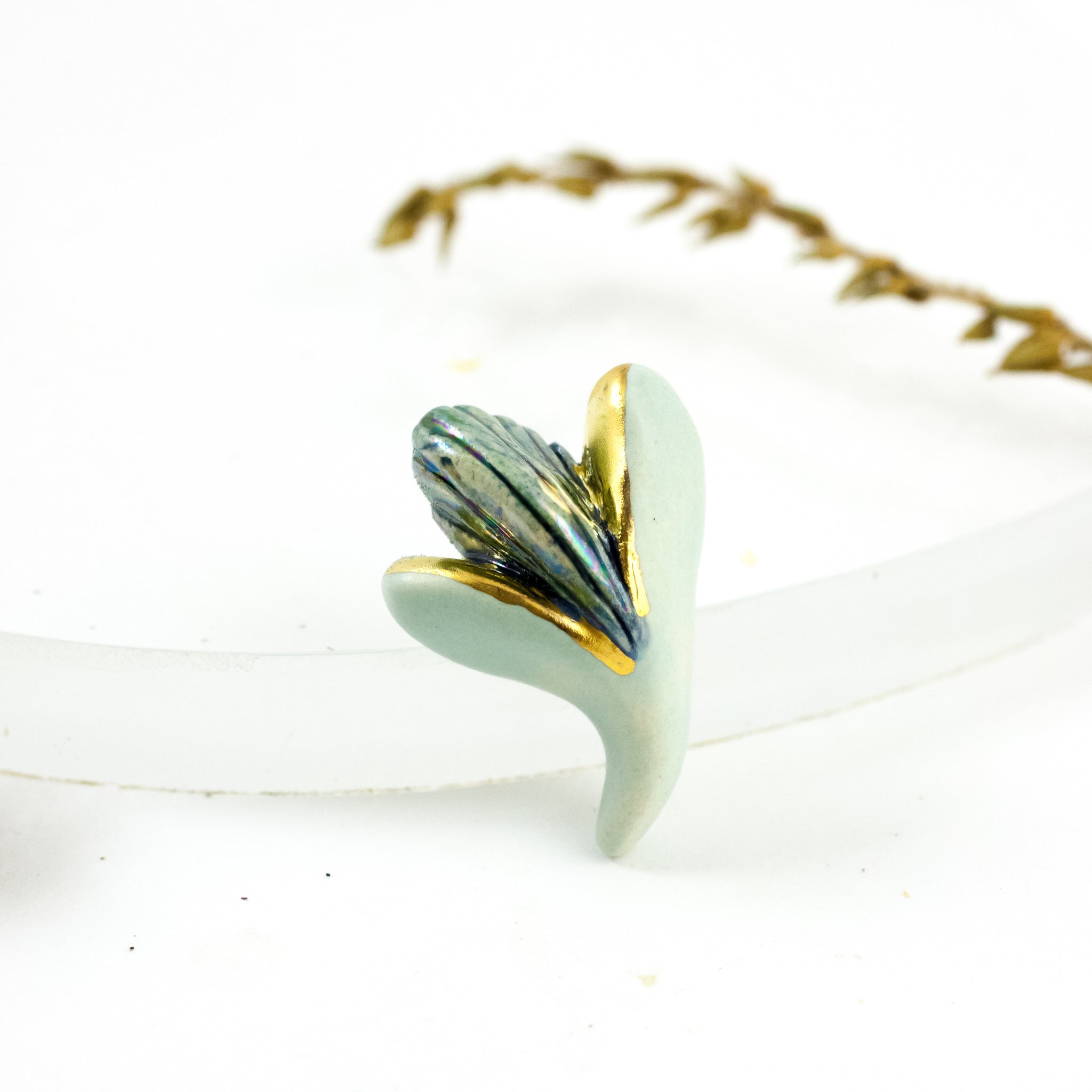 Mint flower bud brooch with gold lines