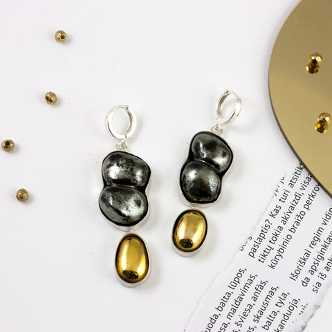 Dangle black mismatched earrings with gold luster