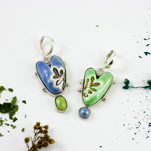 BON BON Green and blue color dangle earrings with hearts