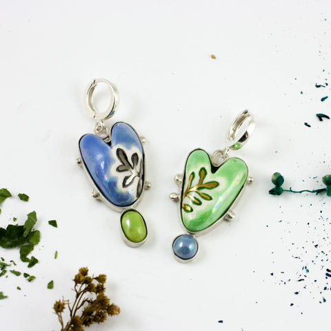 BON BON Green and blue color dangle earrings with hearts