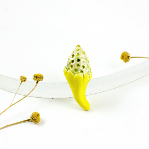 Yellow and green flower bud brooch with green dots