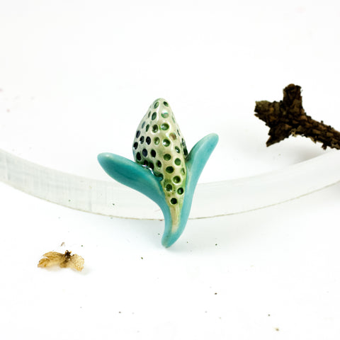 Turqoise and green flower bud form ceramic brooch