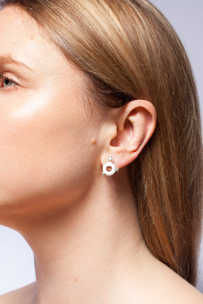 Asymmetrical silver stud earrings with rose pink freshwater pearls