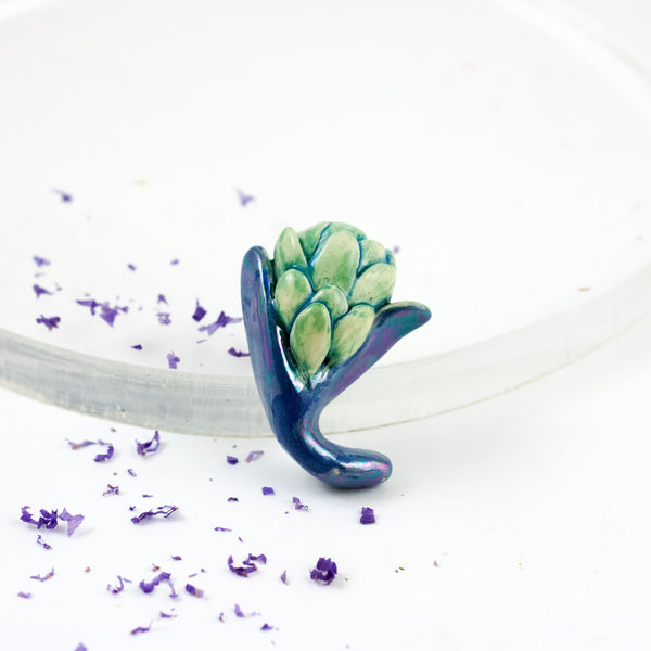 Dark and bright green color floral shape ceramic brooch