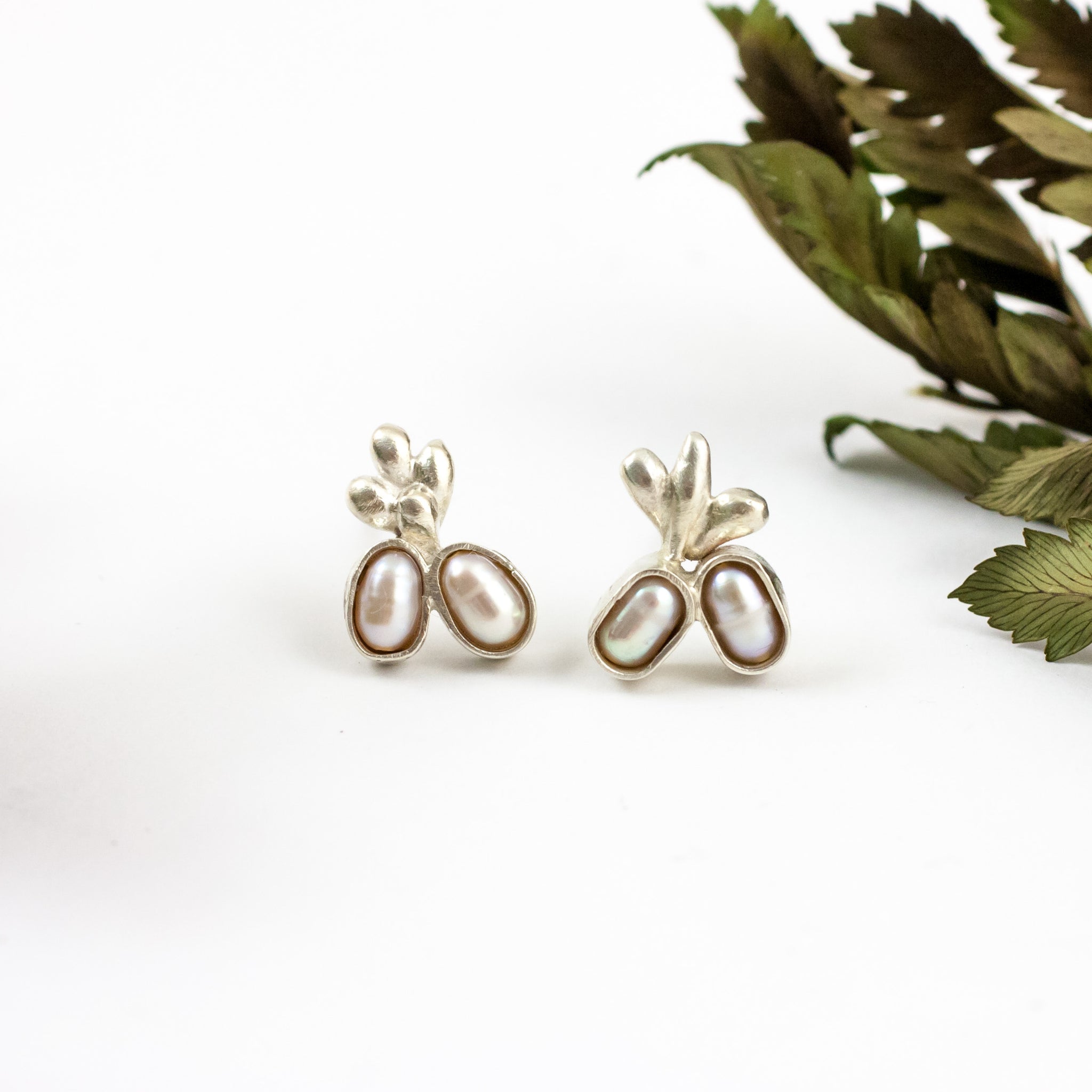 Silver stud earrings with rose pink freshwater pearls