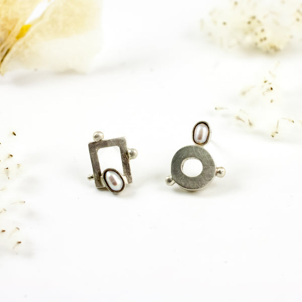 Asymmetrical silver stud earrings with rose pink freshwater pearls