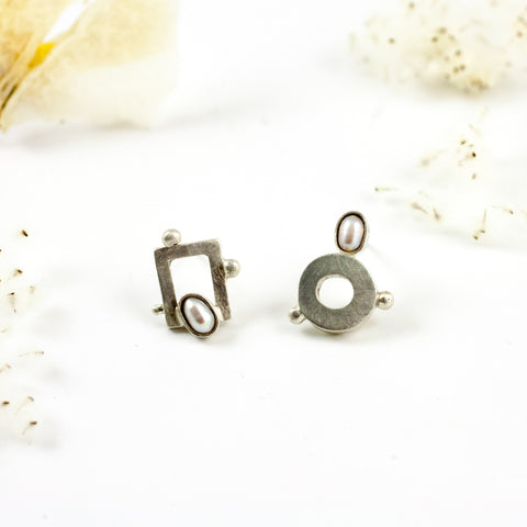 Asymmetrical silver stud earrings with rose pink freshwater pearls
