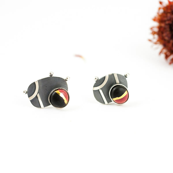 Red and black oxidized silver mismatched earrings - Aiste Jewelry