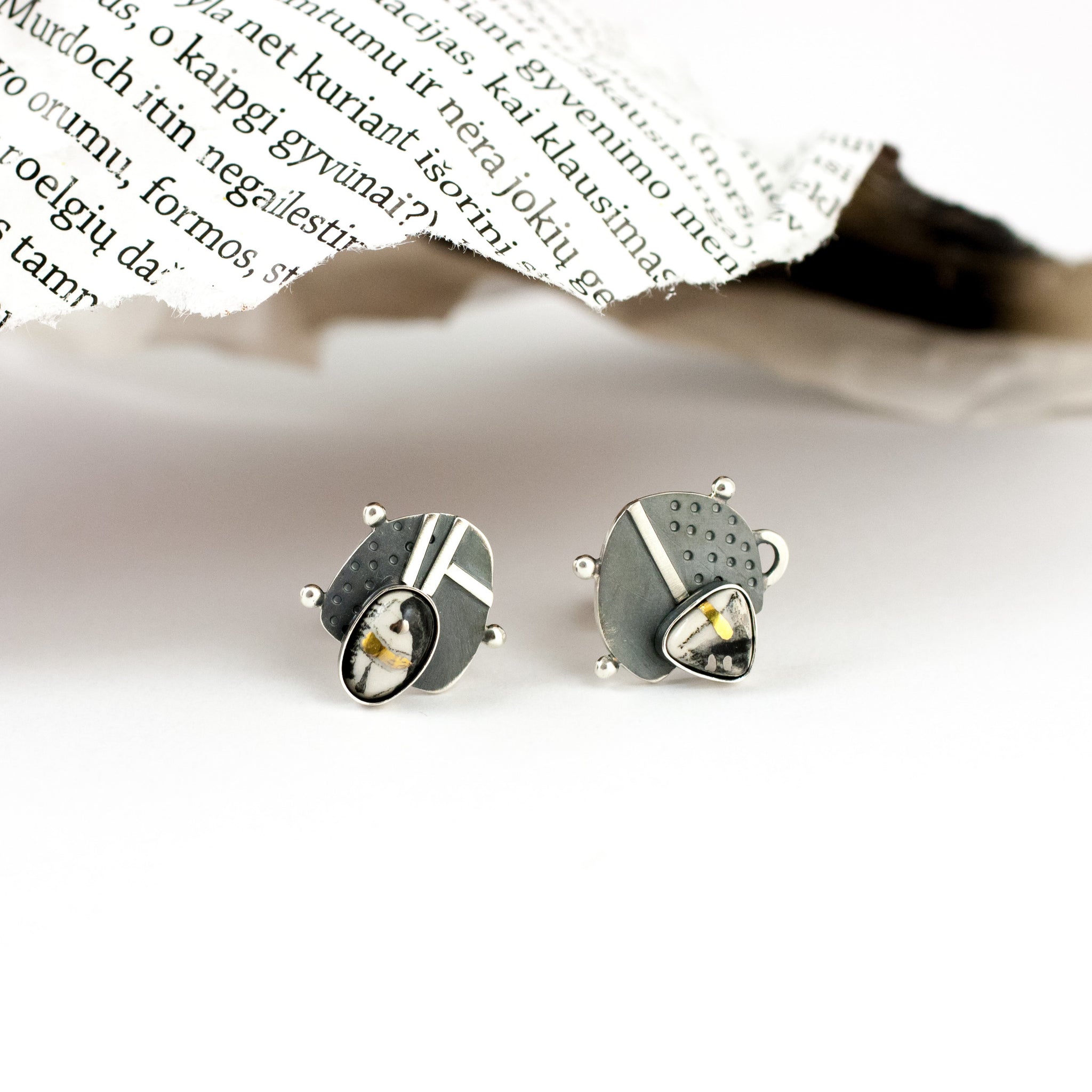 White abstract earrings with blackened silver - Aiste Jewelry