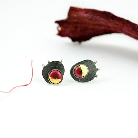 Yellow and burgundy oxidized silver earrings with gold lines - Aiste Jewelry